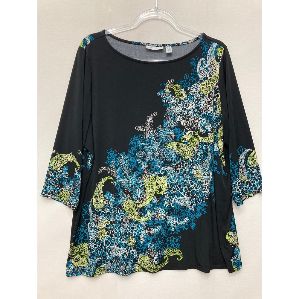 Susan Graver Top 1X Black Paisley Floral 3/4 Sleeve Boat Neck Liquid Knit Tunic